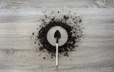 wooden background concept earth piled circle disc spoon spatula texture landing center horizontal