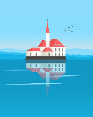 Illustration with an old castle by the lake. Can be used for cards, banner, print, etc.