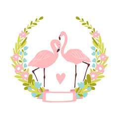 Template greeting card or wedding invitation with flowers and pink flamingos. Freehand drawing