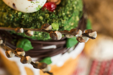 Easter pie in eco-style on the background of the national traditional turret.