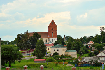 Mir, Belarus. Landscape Of Village Houses And Church Mir, Belarus.