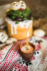 Easter pie in eco-style on the background of the national traditional turret.
