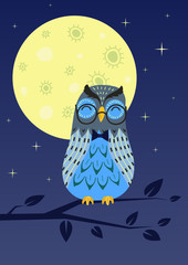 Owl sleeping on tree branch in the night. Vector illustration.