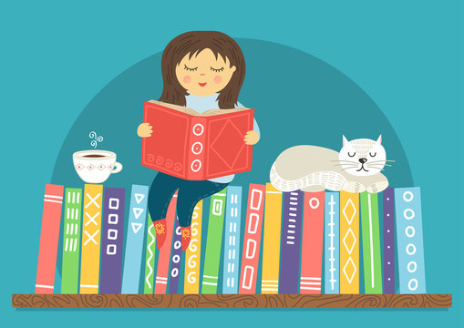 Girl reading book. Little girl siting on bookshelf with white sleeping cat and cup of tea on teal background. Reading, education, learning concept. Cute vector illustration.