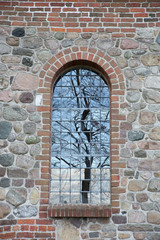 Tree reflection in a window. Uggeløse church in 2017