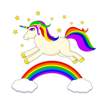 White unicorn with multicolored mane and horn jumping over rainbow. Cute fantasy animal. Dream symbol.