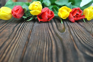 Kolorowe tulipany na drewnianym rustykalnym tle