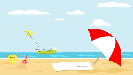 Sandy beach on summer tropical resort. Baby bucket and shovel, book and sun umbrella against the blue sea. Yacht and parachute in the sky. Relax on the beach. vector flat design.