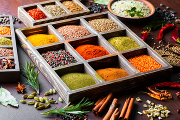 Spices for cooking with kitchen accessories on an old background