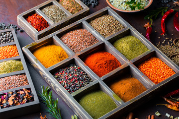 Spices for cooking with kitchen accessories on an old background