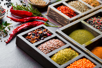 Spices for cooking with kitchen accessories on an old background