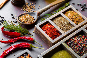 Spices for cooking with kitchen accessories on an old background