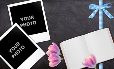 photo frame - tulip, ribbon, book, board