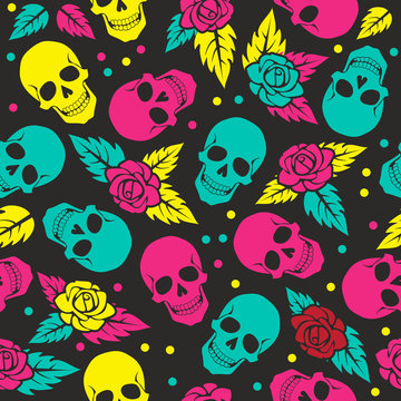 Day of the dead, colorful stylish skull with ornament and floral pattern. Seamless pattern.