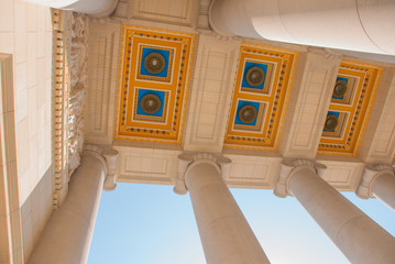 Capitolio Nacional, El Capitolio. Beautiful ceiling and columns against the sky at the entrance of the building. Havana. Cuba