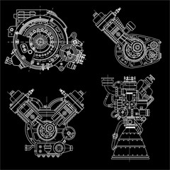 Set of drawings of engines - motor vehicle internal combustion engine, motorcycle, electric motor and a rocket. It can be used to illustrate ideas of science, engineering design and high-tech