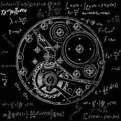 Mechanical watches plan with gears. Drawing of the internal device. It can be used as an example of harmonious interaction of complex systems, technical, engineering and scientific research, high-tech