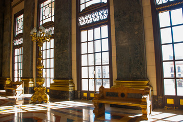 Capitolio Nacional, El Capitolio. The interior of the building with lamps-lighting, light comes from huge Windows. Havana. Cuba
