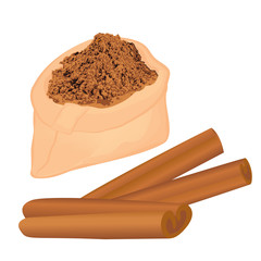 Cinnamon sticks and powder in a bag spice vector illustration