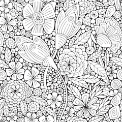 Coloring book page with different little flowers and leaf in zentangle style. Black and white vector illustration. Doodle, hand drawn, zen art, anti stress.