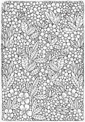 Coloring book page with different little flowers and leaf in zentangle style. Black and white vector illustration. A4 size. Doodle, hand drawn, zen art, anti stress.