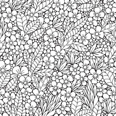 Seamless pattern. Coloring book page with different little flowers and leaf in zentangle style. Black and white vector illustration. Doodle, hand drawn, zen art, anti stress.