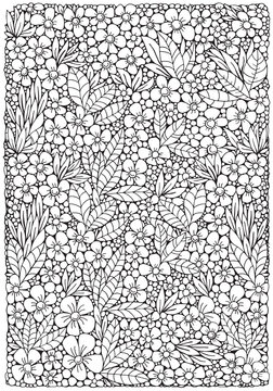 Coloring book page with different little flowers and leaf in zentangle style. Black and white vector illustration. A4 size. Doodle, hand drawn, zen art, anti stress.