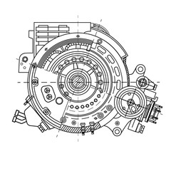 Electric motor section representing the internal structure and mechanisms. It can be used to illustrate the ideas related to science, engineering design and high-tech.