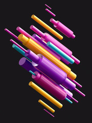 3d render, digital illustration, colorful cylinder, black pink blue yellow abstract background, geometric pattern