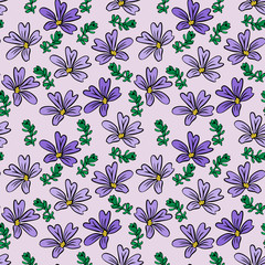purple flower and green twig on light lilac background