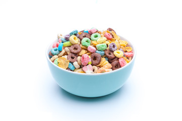 Isolated bowl of mixed cereals and marshmallows on white background
