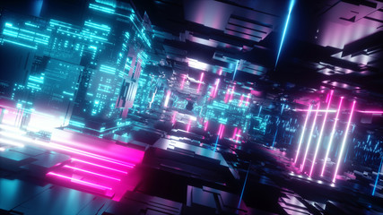 3d render, abstract tunnel, urban background, futuristic pink neon light, geometric structure, big data, quantum computer, storage, cyber safety, virtual reality - obrazy, fototapety, plakaty