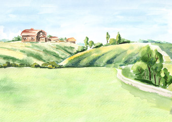 Old farm in rural landscape. Watercolor hand drawn illustration © dariaustiugova