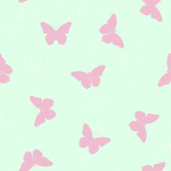 Summer seamless pattern with pink and white silhouettes of butterflies. Vector.