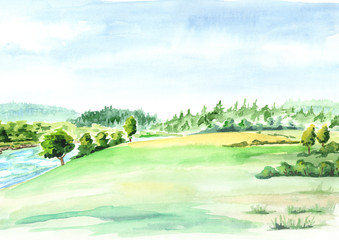 Obraz na płótnie Canvas Rural landscape with river. Watercolor hand drawn background