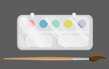 Watercolors and paintbrush. Back to school vector illustration.Color combinations.  Flat design. Flat paints with a brush isolated on a gray background