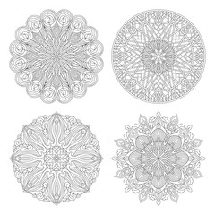 Four flower circular mandala for adults. 4 Coloring book page design. Anti stress black and white vintage decorative element. Monochrome oriental ethnic pattern.Hand drawn isolated vector illustration