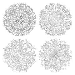 Four flower circular mandala for adults. 4 Coloring book page design. Anti stress black and white vintage decorative element. Monochrome oriental ethnic pattern.Hand drawn isolated vector illustration