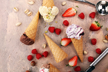 Set of ice cream scoops of different colors and flavours
