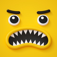 3d render, abstract emotional face icon, angry character going mad illustration, cute cartoon monster, emoji, emoticon, toy