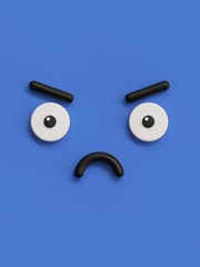 3d render, abstract emotional sad face icon, sorrow, disappointed character illustration, cute blue cartoon monster, emoji, emoticon, toy