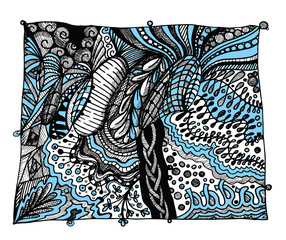 abstract black, white and blue zentangle