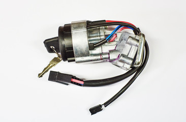 ignition lock with car key. Isolated on white background with clipping path