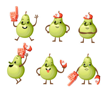 Set of cartoon Illustration of a Pear. Cute pear mascot. Different emotions fruit with foam hand Number 1. Vector illustration isolated on white background. Web site page and mobile app design