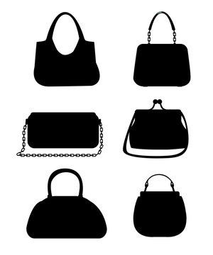 Black silhouettes. Set of female bags. Six variants of handbag. Vector illustration isolated on white background. Web site page and mobile app design
