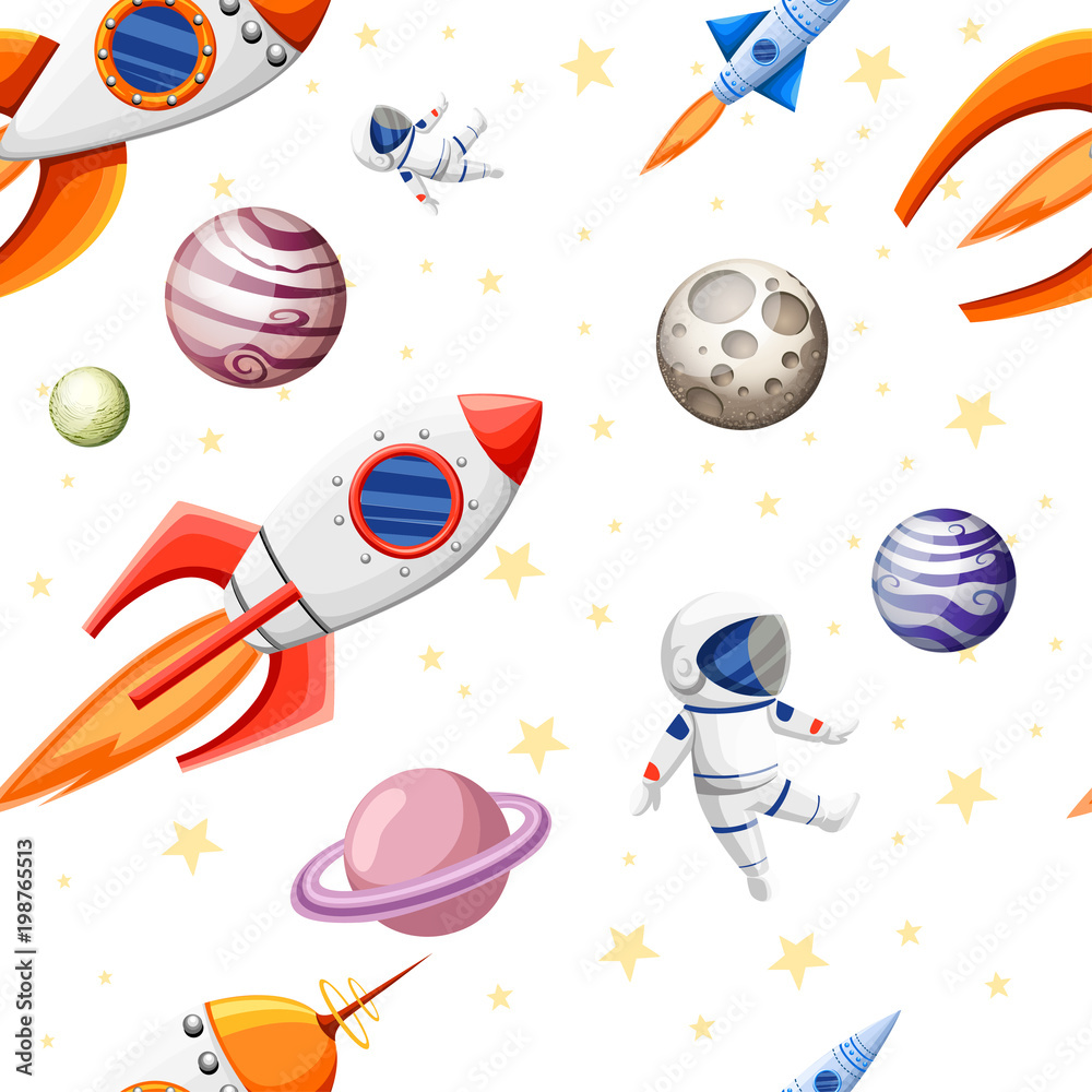 Wall mural seamless pattern of space elements. children seamless pattern with cartoon space rockets, planets, s