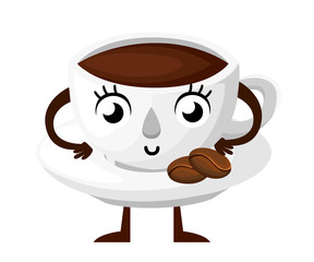 Cup of coffee with saucer. Cartoon style character design. Mascot with smiling face. Vector illustration isolated on white background. Website page and mobile app design