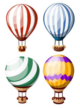 Set of colored hot air balloons. Four balloons with diffirent pattern. Vector illustration isolated on white background. Website page and mobile app design