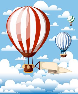 Hot air balloons. Red balloon with ribbon on the blue sky. Vector illustration isolated with clouds on background. Website page and mobile app design
