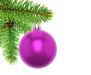 3D illustration. Closeup of bordeaux bauble on branch of a Christmas tree showing needles, white background.